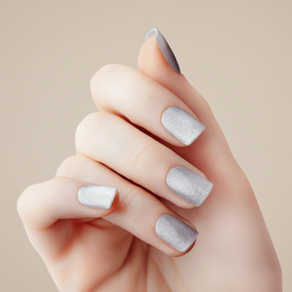 Hand with silver glittery nail polish on a white background