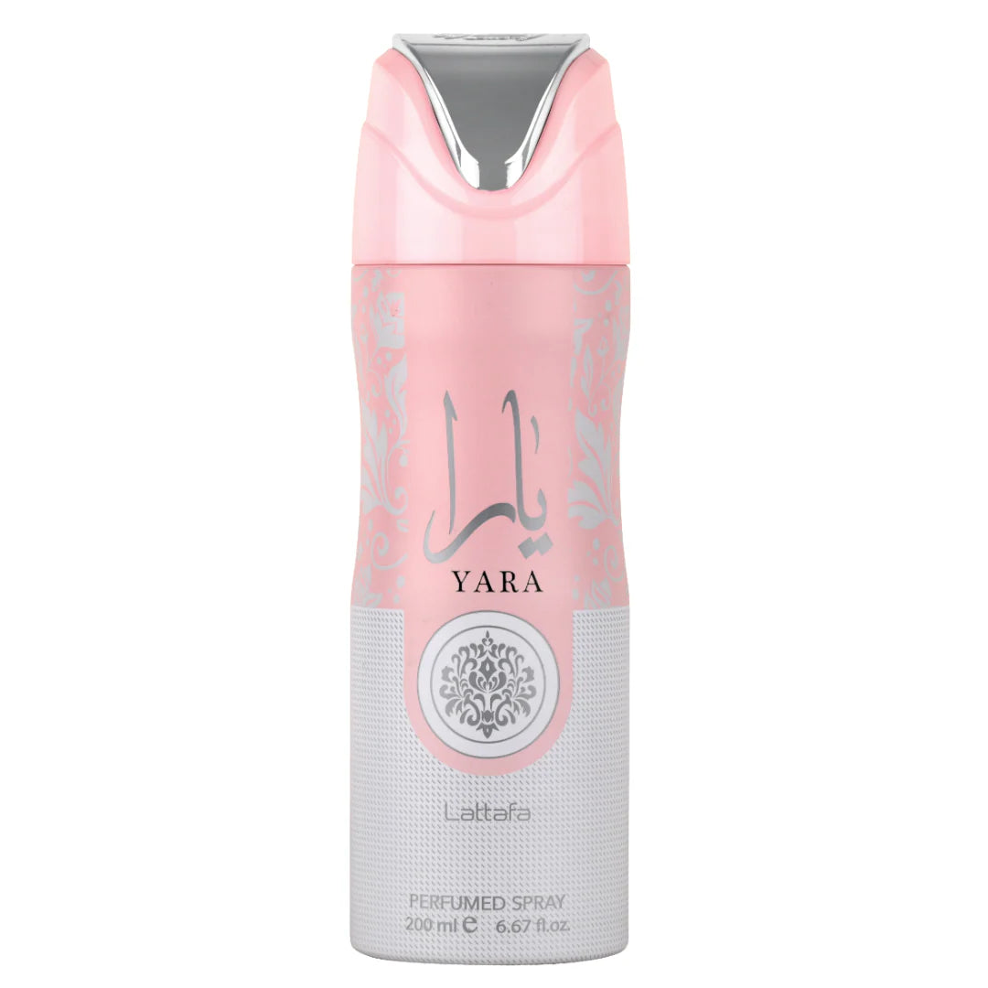 Yara perfume spray bottle with pink and gray design on a white background