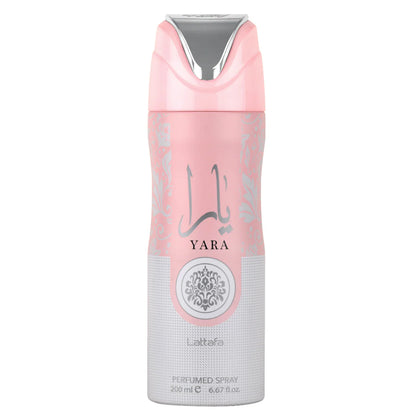 Yara perfume spray bottle with pink and gray design on a white background