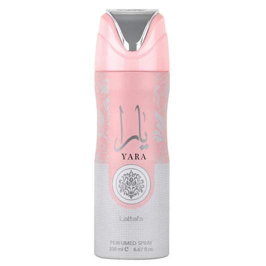 Yara perfume spray bottle with pink and gray design on a white background